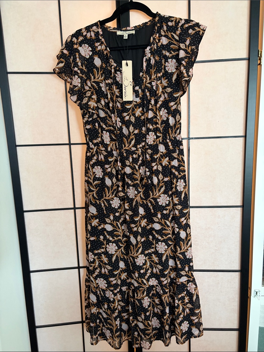 La Sconita Black Floral Ruffle Midi Dress - Picture 1 of 4
